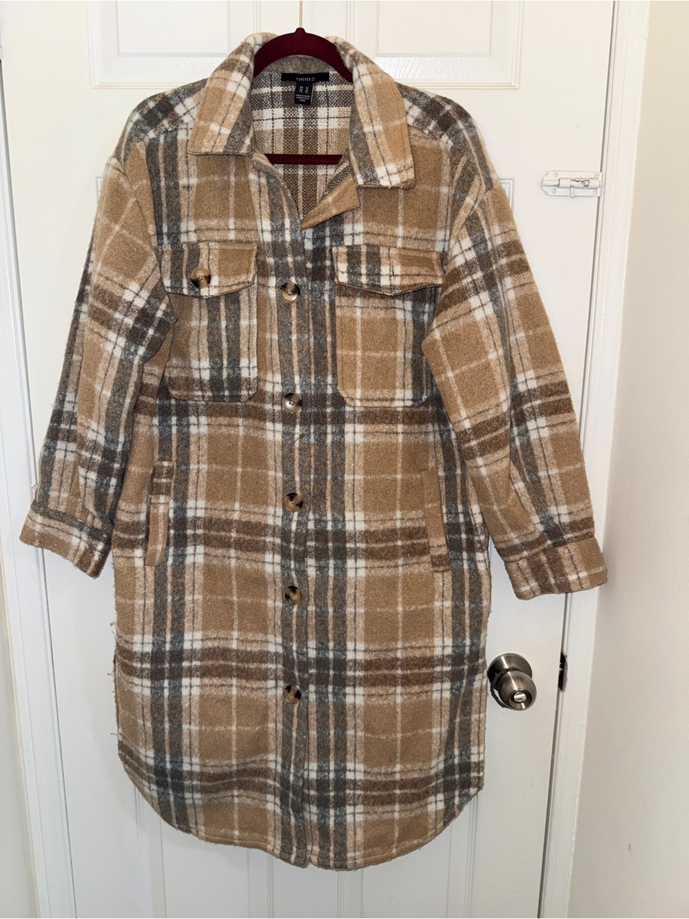 Forever 21 Plaid Pea Coat in Tan, Cream & Gray